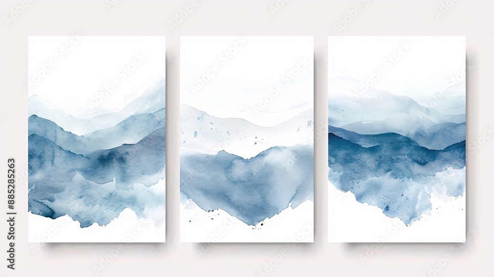 Poster a set of three interconnected watercolor posters with a continuous design, displayed on a white back