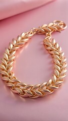 Obraz premium Elegant gold necklace with a unique leaflike design on a pink silk background
