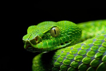 Naklejka premium Green viper snake isolated on black, trimeresurus albolabris - generative ai