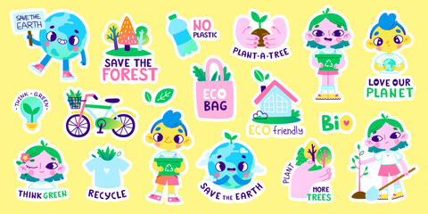 Eco set of cartoon stickers with cute kids. Colorful collection of environmental vector stickers.