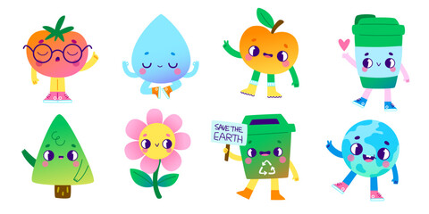 Old cartoon eco characters set. Cute vector groovy mascots for kids environmental education.