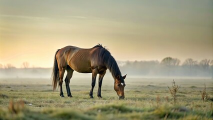 Fototapeta premium Brown horse grazing in soft sunset light on open field , horse, brown, grazing, sunset, soft light
