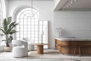 Modern open-concept room with a bar. Combination of photo and sketch