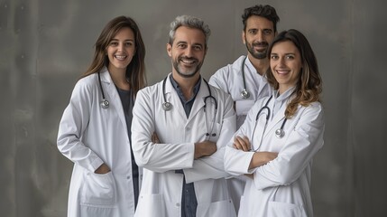 A professional team of four doctors, consisting of two men and two women, stand confidently in their white lab coats with stethoscopes, exemplifying expertise and collaboration in a healthcare setting