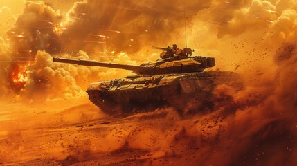 Naklejka premium A detailed tank model in a desert battlefield, with sandstorms and explosions in the background