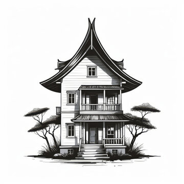recommend clip art: black and white vector illustration of traditional asian house
                    