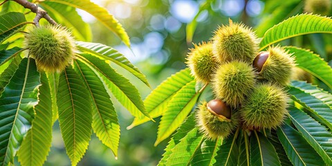 of a chestnut tree with chestnut and leaves , chestnut, tree, autumn, nature, botanical,brown, green, foliage, seed, nut, forest
