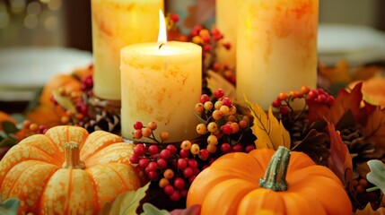Festive Autumn Centerpiece with Candles and Pumpkins
