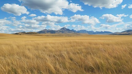 Obraz premium A vast prairie with golden grasses swaying in the wind, and a distant mountain range under a partly cloudy sky