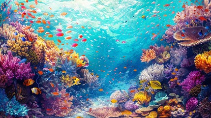 Vibrant Underwater Scene with Colorful Fish and Coral Reefs.