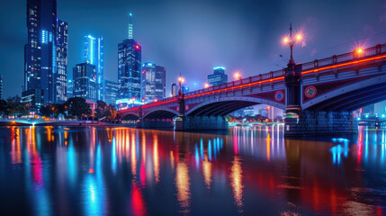 Fototapeta premium A city bridge lit up at night, connecting different parts of the city with the skyline in the background