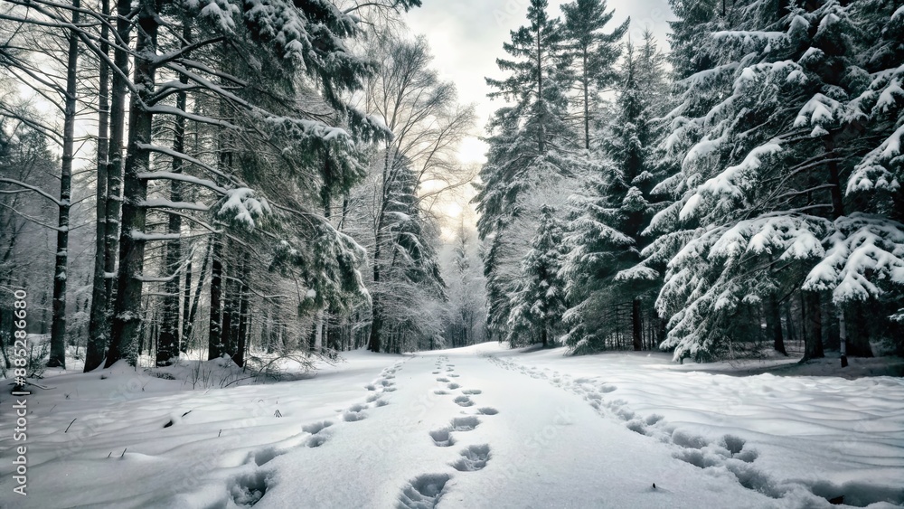 Poster Fresh footprints in the snow leading into a winter forest , winter, footprints, cold, snowy, nature, pathway, adventure