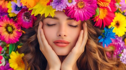 Naklejka premium A woman with long brown hair wearing a flower crown. The flowers are in various colors and are arranged in a way that covers her head. The woman is looking at the camera with a serene expression