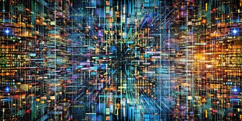 Digital data visualization of complex algorithmic code transforming into innovative ideas and solutions