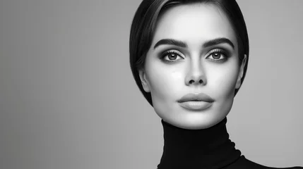 Wanddecoratie Schoonheidssalon A woman with short hair and a black sweater. She has a nice smile and is looking straight ahead. Black and white fashion art studio portrait of beautiful elegant woman in black turtleneck.  © Nataliia_Trushchenko