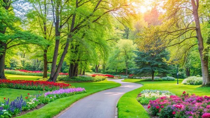 Obraz premium A peaceful park with green trees, colorful flowers, and a winding path, nature, outdoors, relaxation, scenic, tranquil