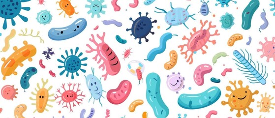 Gut Flora, Microbiome, Bacteria, Intestinal, Ecosystem, flat design illustration