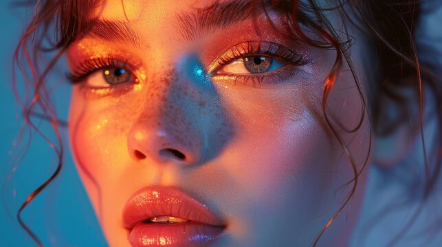 A modern beauty blogger demonstrating makeup techniques with a vibrant digital background