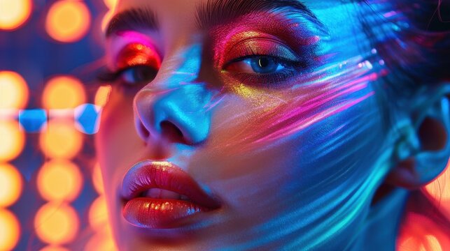 A modern beauty blogger demonstrating makeup techniques with a vibrant digital background