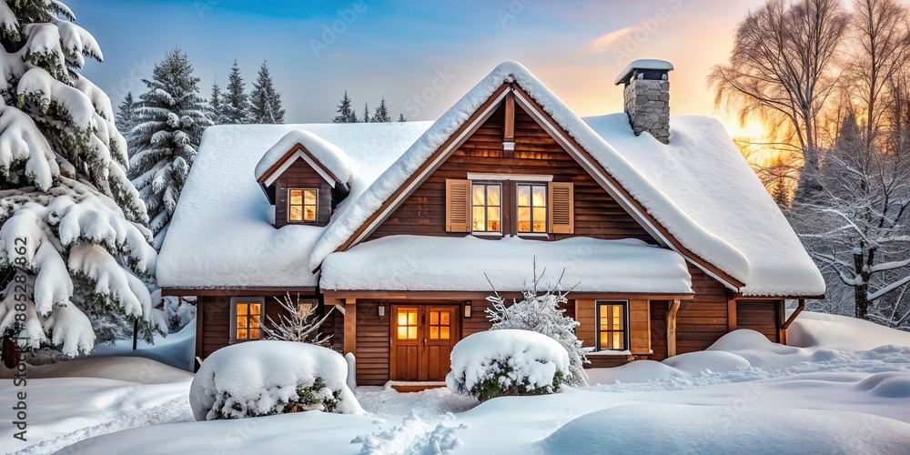 Wall mural Snow covering the roof of a cozy house during winter, winter, cold, snowy, house, roof, white, frost, frozen, weather