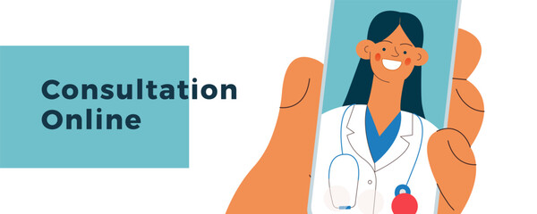 Hand Holding Smartphone with Female Medical Specialist on Smartphone Screen. Medical Insurance. Modern Flat Vector Illustration. Consultation Online. Website Banner  Template.