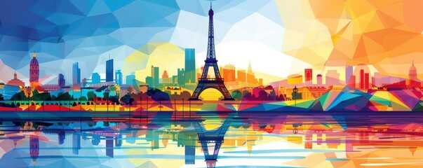 Obraz premium Modern Paris Travel Poster with Stylized Eiffel Tower and Vibrant Colors.