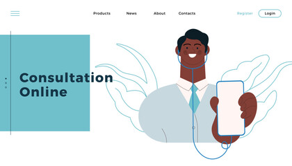 Dark Skin Tone Medical Specialist with Stethoscope Hold Smartphone. Modern Flat Vector Illustration. Consultation Online. Website Banner, Landing Page Template.