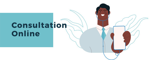 Dark Skin Tone Medical Specialist with Stethoscope Hold Smartphone. Modern Flat Vector Illustration. Consultation Online. Website Banner Template.