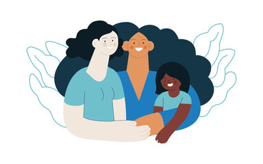 Happy Diverse Couple of Same Female Gender and Female Child Embracing Each Other on Abstract Background. Family Health and Wellness. Modern Flat Vector Illustration. 
