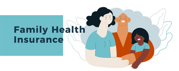 Obraz premium Happy Diverse Couple of Same Female Gender and Female Child Embracing Each Other on Abstract Background. Family Health and Wellness. Modern Flat Vector Illustration. Website Banner Template.