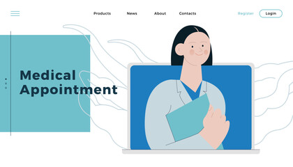 Female Medical Specialist on a Screen of Laptop. Modern Flat Vector Illustration. Medical Appointment Online Through Device Concept. Website Banner, Landing Page Template.
