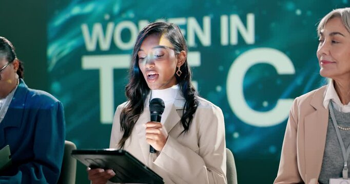 Business people, conference and women with tablet, presentation and online reading for advice. Opportunity, equality and group with speech, summit and motivational speaker, teamwork and tradeshow - Powered by Adobe