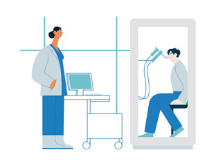 Female Medical Specialist and Male Patient Performs Whole Body Plethysmography in Medical Office or Laboratory. Modern Flat Vector Concept Illustration. 