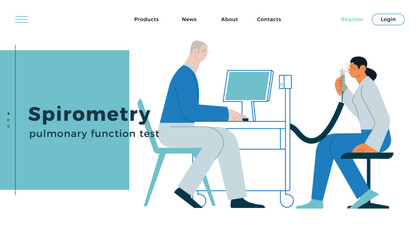 Spirometry. Pulmonary function test. Modern Flat Vector Illustration. Medical Specialist with Female Patient Performs Spirometry in Laboratory or Office. Website Banner, Landing Page Design Template.
