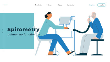 Spirometry. Pulmonary function test. Modern Flat Vector Illustration. Medical Specialist with Male Patient Performs Spirometry in Laboratory or Office. Website Banner, Landing Page Design Template.