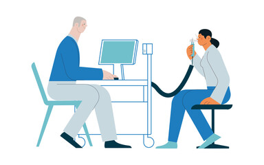 Spirometry. Pulmonary function test. Modern Flat Vector Illustration. Medical Specialist with Female Patient Performs Spirometry in Laboratory or Office. 