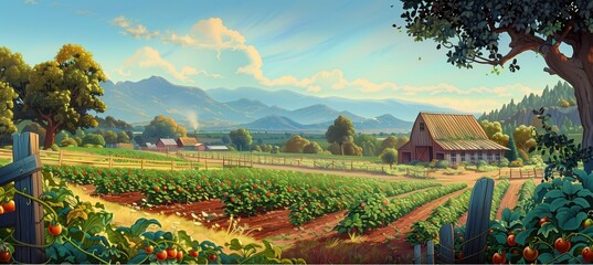 Picture of farm landscape and barn with fields. Blue sky and distant mountains