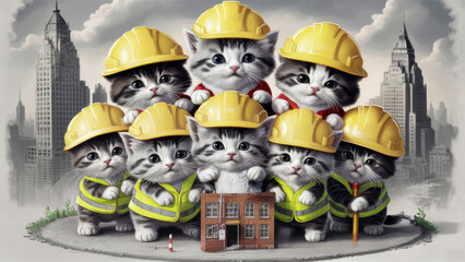 Fototapeta premium A group of kittens wearing hard hats and holding a building, AI