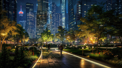 Fototapeta premium A city park at night with illuminated pathways, people strolling, and skyscrapers in the background
