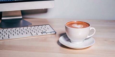 A white coffee cup sits on a wooden table next to a laptop computer