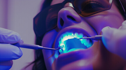Closeup of white caucasian woman getting teeth checked by dentist. Woman in dental chair. Cosmetic dentistry perfect white teeth. Private dental insurance, dental checkup care. Dental hygiene. 