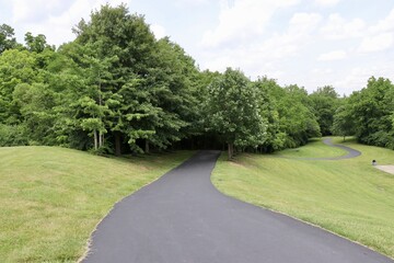 The empty pathway in the park on a sunny day.
