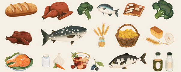 Illustration. Healthy food products on a beige background.