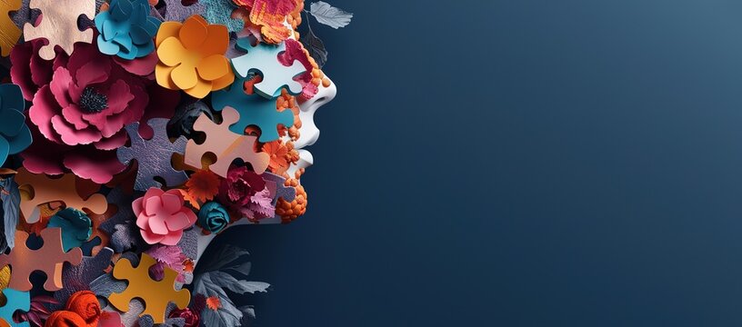 a statue made from a collection of several colorful puzzles on a dark blue background