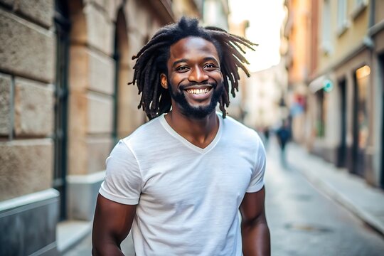 Happy young man with dreadlocks smiling in the city.