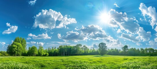 Sunny Meadow with Lush Greenery and Blue Sky