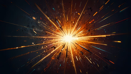 Fototapeta premium abstract background that illustrates the aftermath of an explosion, with shards of light and fragments radiating outward from a central point, using a mix of warm and cool tones