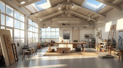 A contemporary artista??s loft with skylights and an open floor plan for a spacious and inspiring studio space