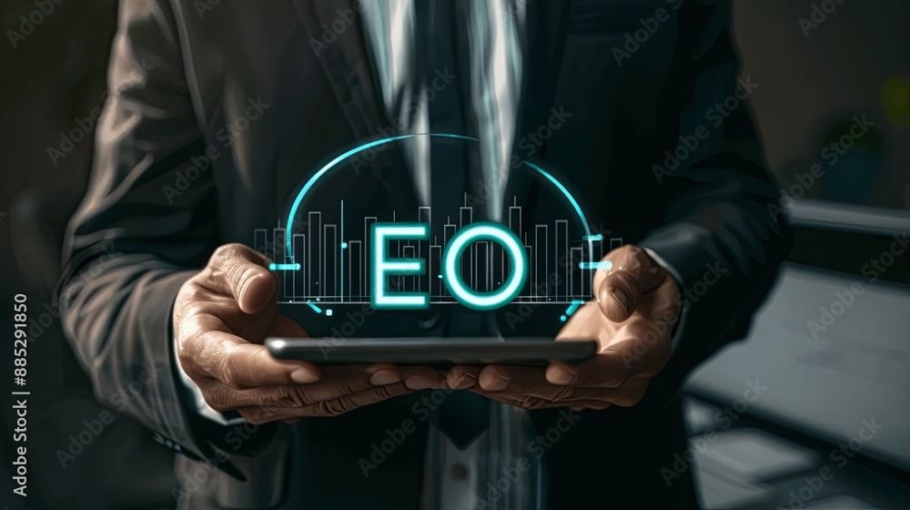 Poster businessman hold virtual seo icon to analyze seo search engine optimization for promoting ranking tr