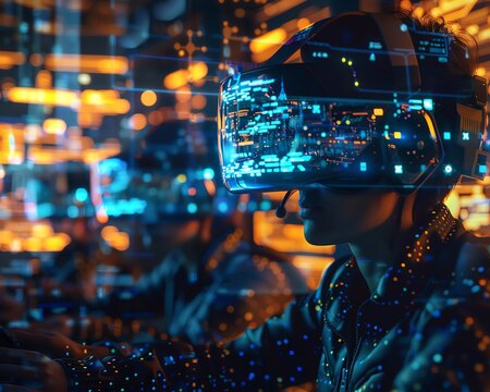 A person wearing a VR headset, immersed in a digital world, surrounded by glowing lights.